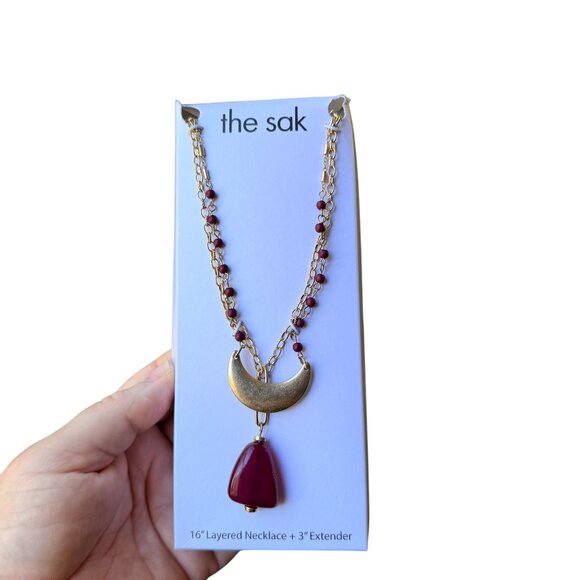 Vintage Unworn The Sak Gold Tone Layered Necklace Crescent Moon Charm Red Beads - Picture 6 of 8